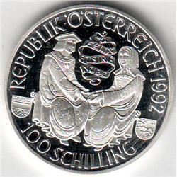 Austria: 100 Schillings 1992, 2 seated figures, Maximillian I, KM # 3003. Proof coin containing 0.52