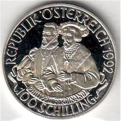 Austria: 100 Schillings 1992, 2 half-lengh figures, Karl V, KM # 3003. Proof coin containing 0.5209 