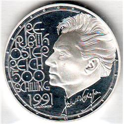 Austria: 500 Schillings 1991, Herbert Von Karajan, Building, KM # 3000. Proof coin containing 0.7125