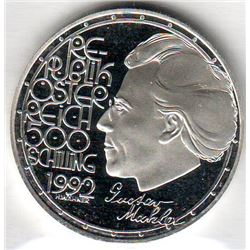 Austria: 500 Schillings 1992, Gustav Mahler, KM # 3010. Proof coin containing 0.7125 oz ASW.