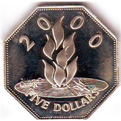 Barbados: 5 dollars 2000, Millenium, KM # 67. Proof coin containing 0.8357 oz ASW.