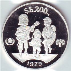 Bolivia: 200 pesos 1979, International Year of the Child, KM # 198. Proof coin containing 0.6894 oz 