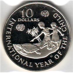 Cayman Islands: 10 dollars 1982, International Year of the Child, KM # 72. Proof coin containing 0.8
