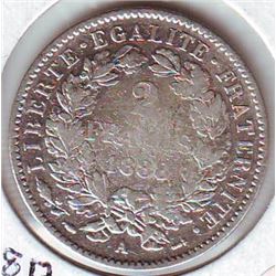France: 2 francs 1888A, KM # 817.1. VF/EF coin containing 0.2684 oz ASW.