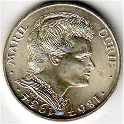 France: 100 francs 1984, 50th Anniversary of the Death of Marie Curie, KM # 955. BU coin containing 