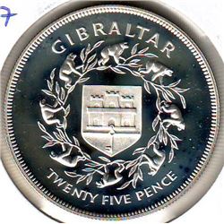 Gibraltar: 25 new pence 1977, Queen's Silver Jubilee, KM # 10a. Proof coin containing 0.8356 oz ASW.