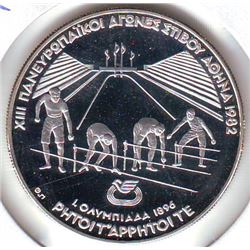 Greece: 500 drachmes 1982, Pan-Europeen Games, olympic racers at starting blocks, KM #139. Proof coi