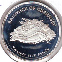 Guernsey; 25 pence 1977, Queen's Silver Jubilee, KM # 31a. Proof coin containing 0.8356 oz ASW.
