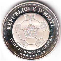 Haiti: 50 gourdes 1977, World Soccer Championship Game, arms, KM # 127. Proof coin containing 0.6294