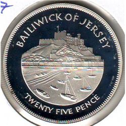 Jersey: 25 pence 1977, Queen's Silver Jubilee, KM # 44a. Proof coin containing 0.8356 oz ASW.
