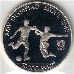 Korea-South: 10000 won 1988, Olympics, Soccer, KM # 77. Proof coin containing 0.9934 oz ASW.