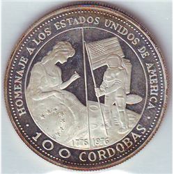 Nicaragua: 100 cordobas 1975, Betsy Ross sewing flag and astronaut placing flag on moon, KM # 35. Pr