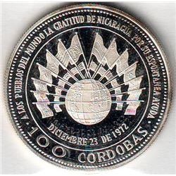 Nicaragua: 100 cordobas 1975, Earthquake Relief Issue, KM # 36. Proof coin containing 0.7428 oz ASW.