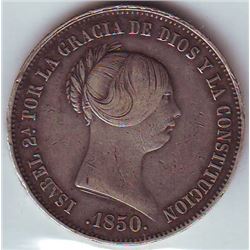 Spain: 20 Reales 1850, KM # 593.2. VF coin containing 0.7607 oz ASW.