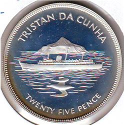 Tristan Da Cunha: 25 pence 1977, Queen's Silver Jubilee, KM # 1a. Proof coin containing 0.8356 oz AS