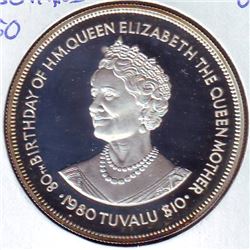 Tuvalu: 10 dollars 1980, Queen Mother's 80th Birthday, KM # 11a. Proof coin containing 1.0342 oz ASW