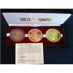 Tokens; La Prairie St-Jean Sur Richelieu tokens;  Set of 3 different metals in original velvet box. 