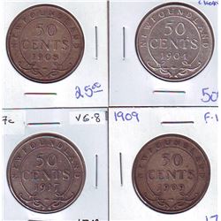 Newfoundland: 50 cents 1904H VF-30 Cleaned, 1908 VF-20, 1909 F-12 & 1917C VG-8. Lot of 4 coins.