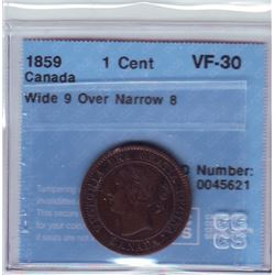 1 cent 1859 CCCS VF-30; Wide 9 Over Narrow 8.