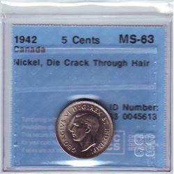 5 cents 1942 CCCS MS-63; Nickel, Die Crack Through Hair.