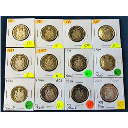 50 cents lot of 12 Canada proof 50 cents from nickel to silver. 1981-83-84-85-87-88 x 2-89-90-91-92-