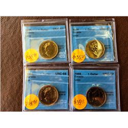 Canada loonies: 1988 CCCS UNC-67, 1992 CCCS UNC-67, 1993 CCCS UNC-66, 1999 CCCS UNC-67. Lot of 4 coi
