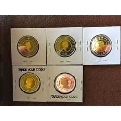 2 dollars: proof 1996 nickel-1999 silver Nunavut-2000 silver Polar bear-2007 & 2008 silver. Lot of 5