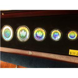 2003 15th anniversary of the silver maple leaf, pure maple leaf hologram. Set of 5 coins.