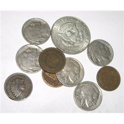 10 TOTAL U.S. COINS INCLUDING SILVER KENNEDY HALF DOLLAR/INDIAN HEAD PENNIES & BUFFALO NICKELS