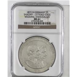 Germany 1872B silver 2 Thaler Saxony. Wedding Anniversary with lettered edge. NGC Certified MS61. (K