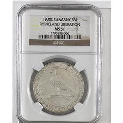 Germany 1930E Silver 5 Mark Rhineland Liberation NGC Certified MS61. (KM#71)