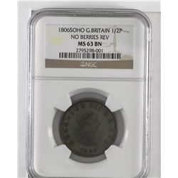 Great Britain 1806-SOHO George III Half Penny No Berries on reverse. NGC Certified MS63 BN. A choice