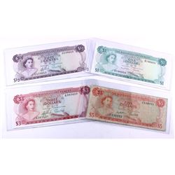 Run of 4 different denominations of 1965 Bahamas banknotes.  $1/2, $1, $3, and $5.  Grades range fro