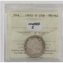 United States 1892O Covered E variety quarter dollar ICCS MS64