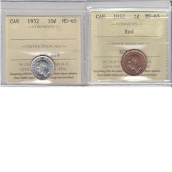 1-cent & 10-cent  1952 Both coins ICCS Certified MS65. (819/065)