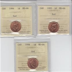 1-cent 1993, 1994 & 1998 ICCS MS-66 Red. 3pcs