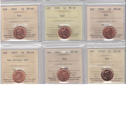 1-cent 2000, 2001, 2002, 2002P, 2003 Old Effigy & 2003 New Effigy ICCS MS66 Red. 6pcs.