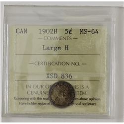 5-cent 1902H Large H ICCS MS64. Beautiful toning!