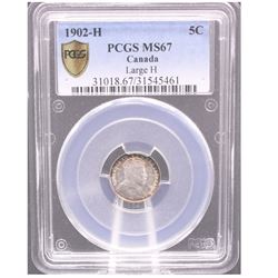 5-cent 1902H Large H PCGS Certified MS67!! A Superior grade coin with Choice bull's eye toning and c