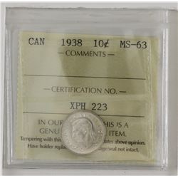 10-cent 1938 ICCS Certified MS-63. Blast white coin with mint bloom.