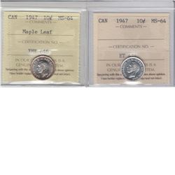 10-cent 1947 & 1947 Maple Leaf ICCS MS64. Lot of 2 coins.