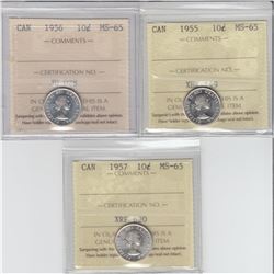 10-cent 1955, 1956 & 1957 ICCS MS65. Lot of 3 coins.