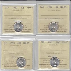 10-cent 1959, 1960, 1961 & 1962 ICCS MS65. Lot of 4 coins.