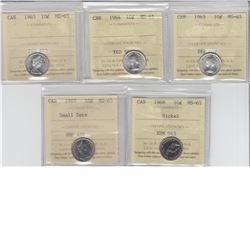 10-cent 1963, 1964, 1965, 1968 nickel & 1969 ICCS MS65. 5pcs