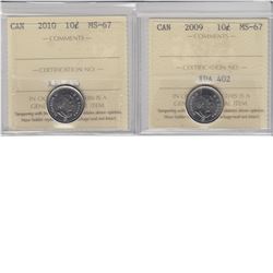 10-cent 2009 & 2010 ICCS MS67.  Both tied for the finest known. 2pcs