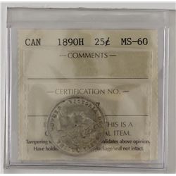 25-cent 1890H ICCS Certified MS60. An exceptional coin with lots of rolling luster. Coin is has brig