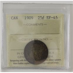 25-cent 1909 Edward VII ICCS Certified EF45. A deep toned coin with natural fields.