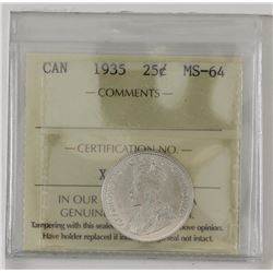 25-cent 1935 Geroge 5th ICCS MS64. A blast white coin with strong features.