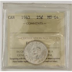 25-cent 1943 ICCS Certified MS64. Almost fully white coin.