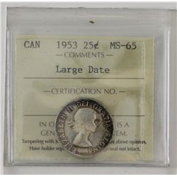 25-cent 1953 large date ICCS MS65